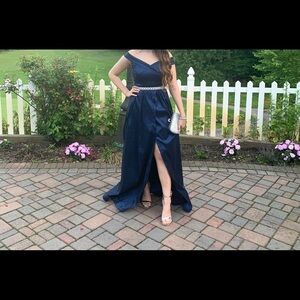Royal blue off shoulder formal gown with a slit, diamond belt not included